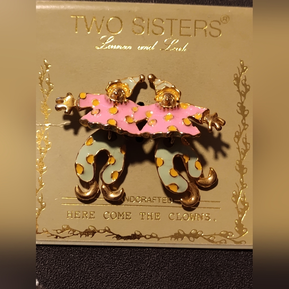 Vintage rare two sisters double moving clowns brooch